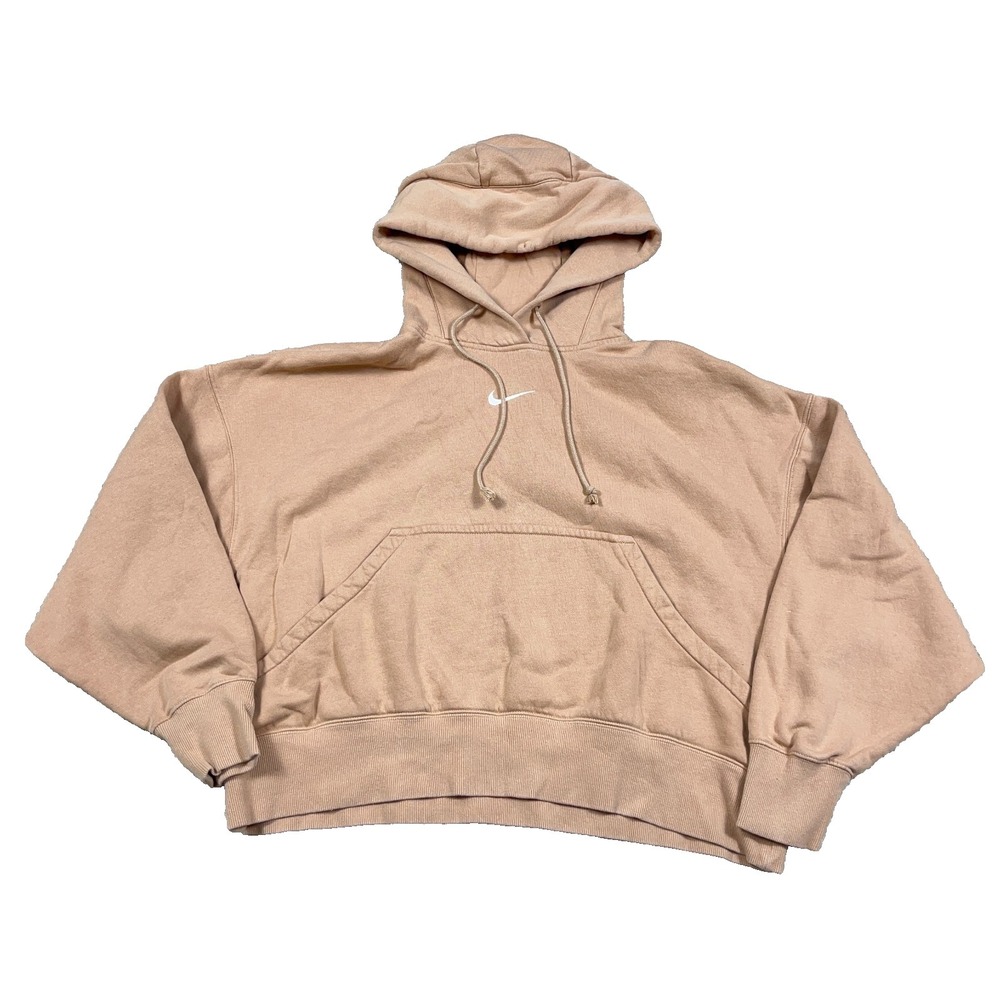 Nike Hoodie Women XS Tan Brown Center Swoosh Cropped Baggy Retro Cotton